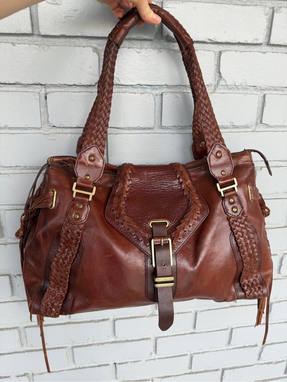 Cole Haan Rare Vintage Woven Leather Shoulder Bag Brown Large Satchel ToteSierra